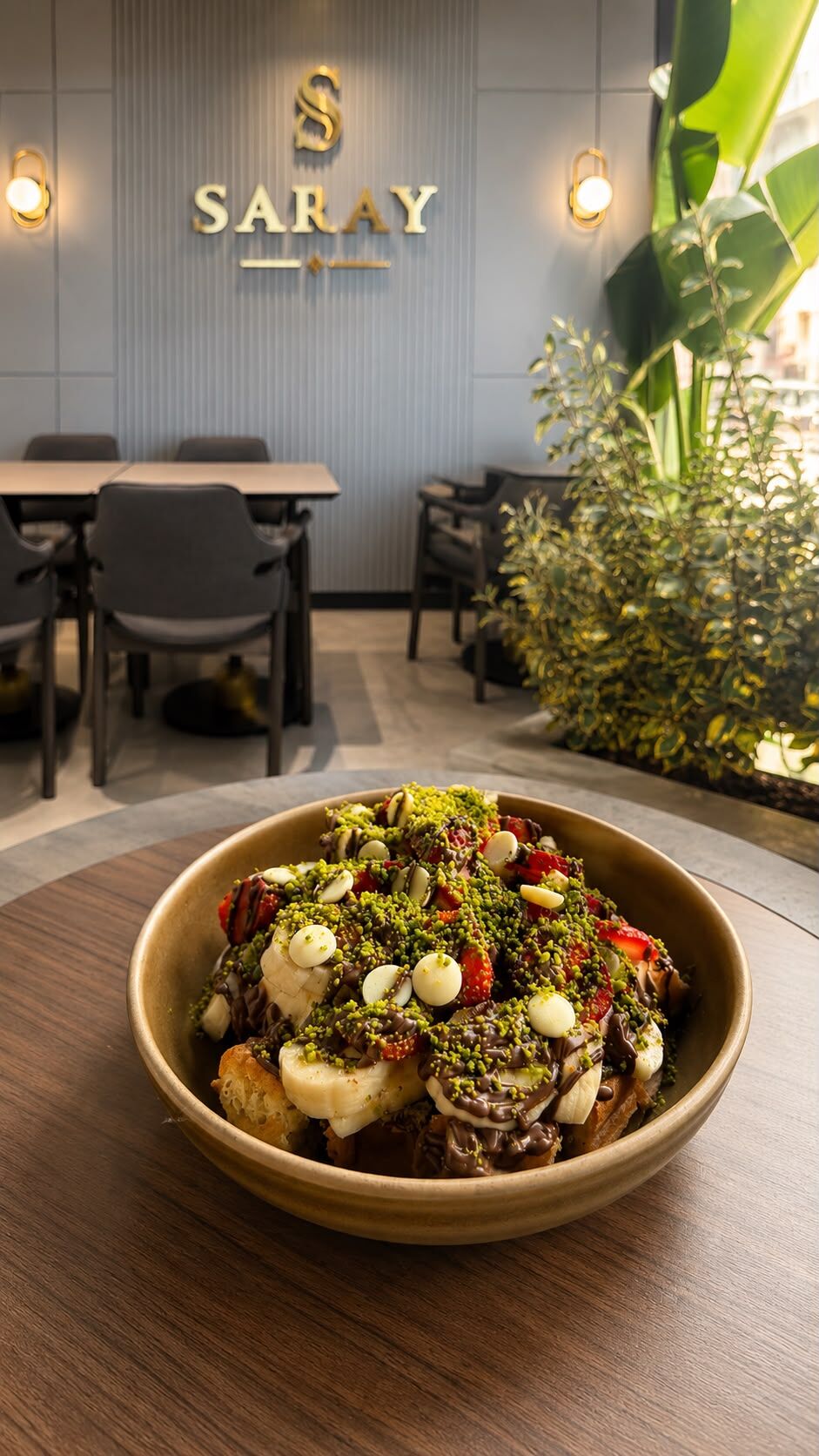 Saray salonunda servis edilen antep fıstıklı waffle